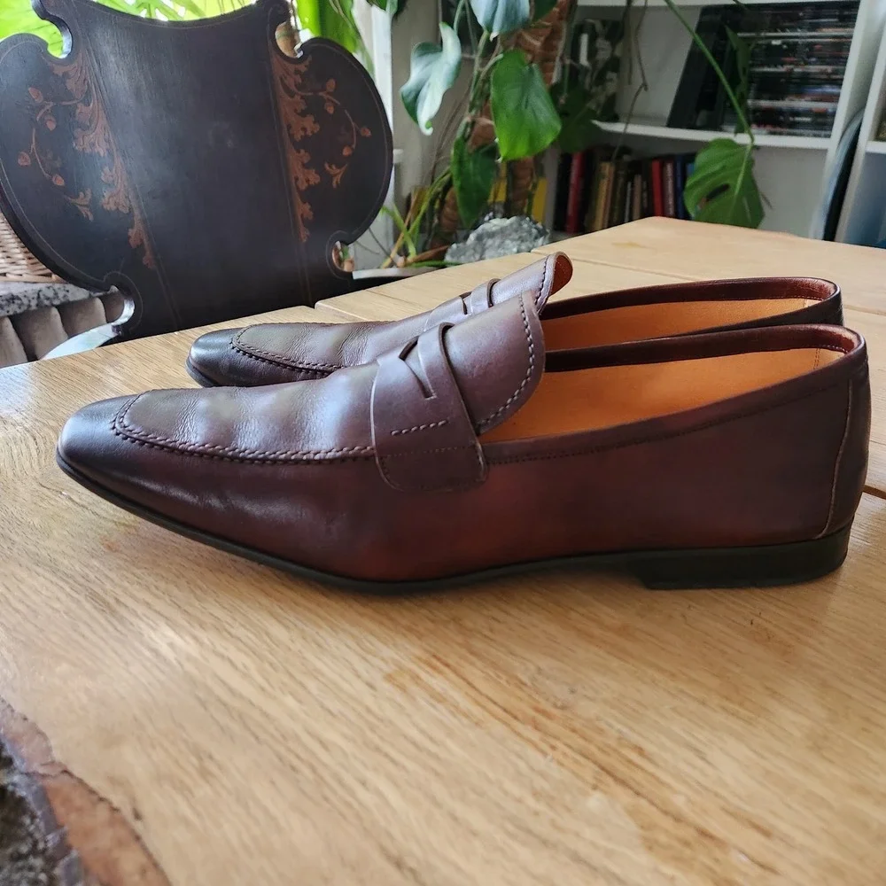 Magnanni Penny Loafers Mens 13 M Brown Burnished Squared‎ Toes Dress Shoes